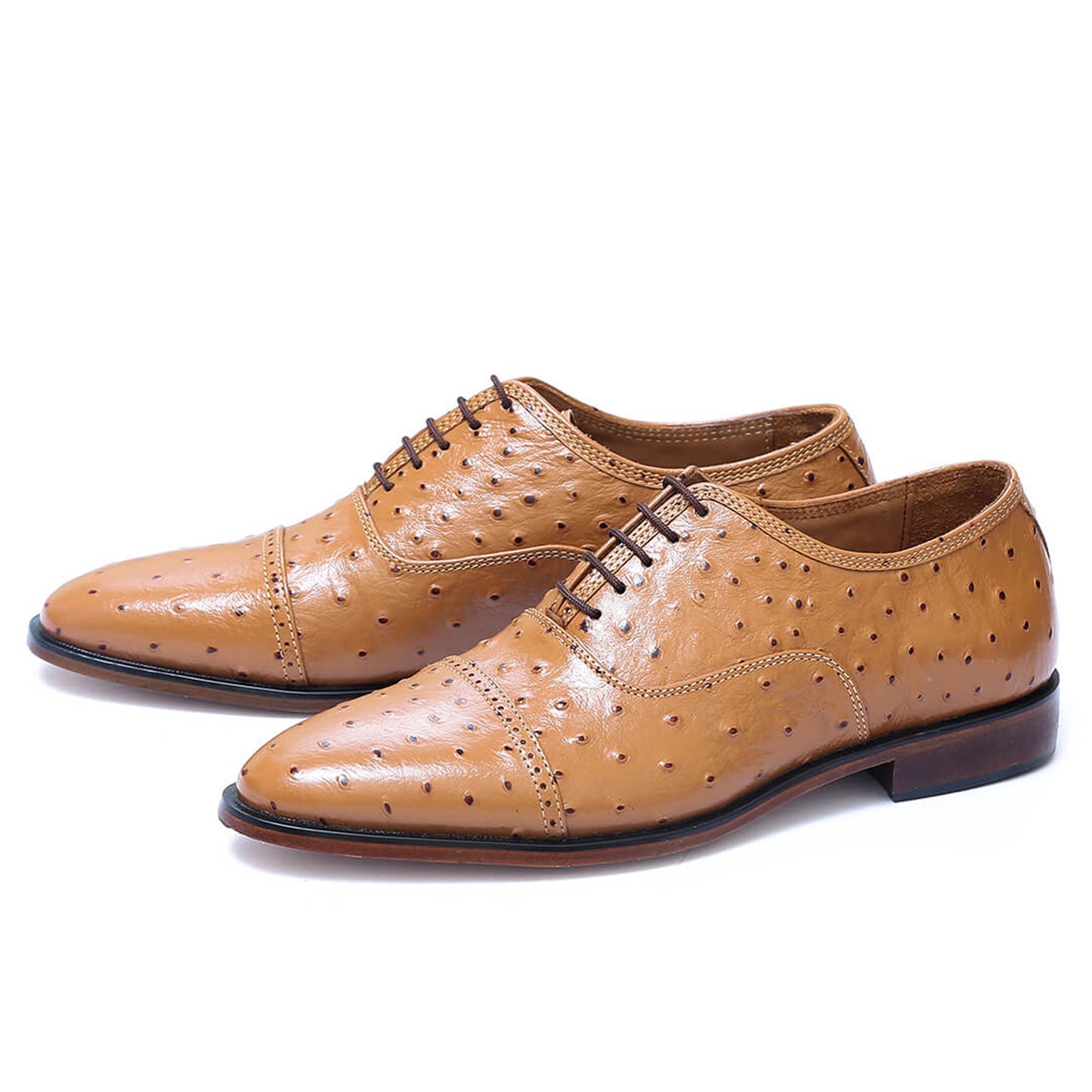 Handmade Tan Color Original Leather Ostrich Skin  Stylish Cap Toe Lace Up Shoes For Men's