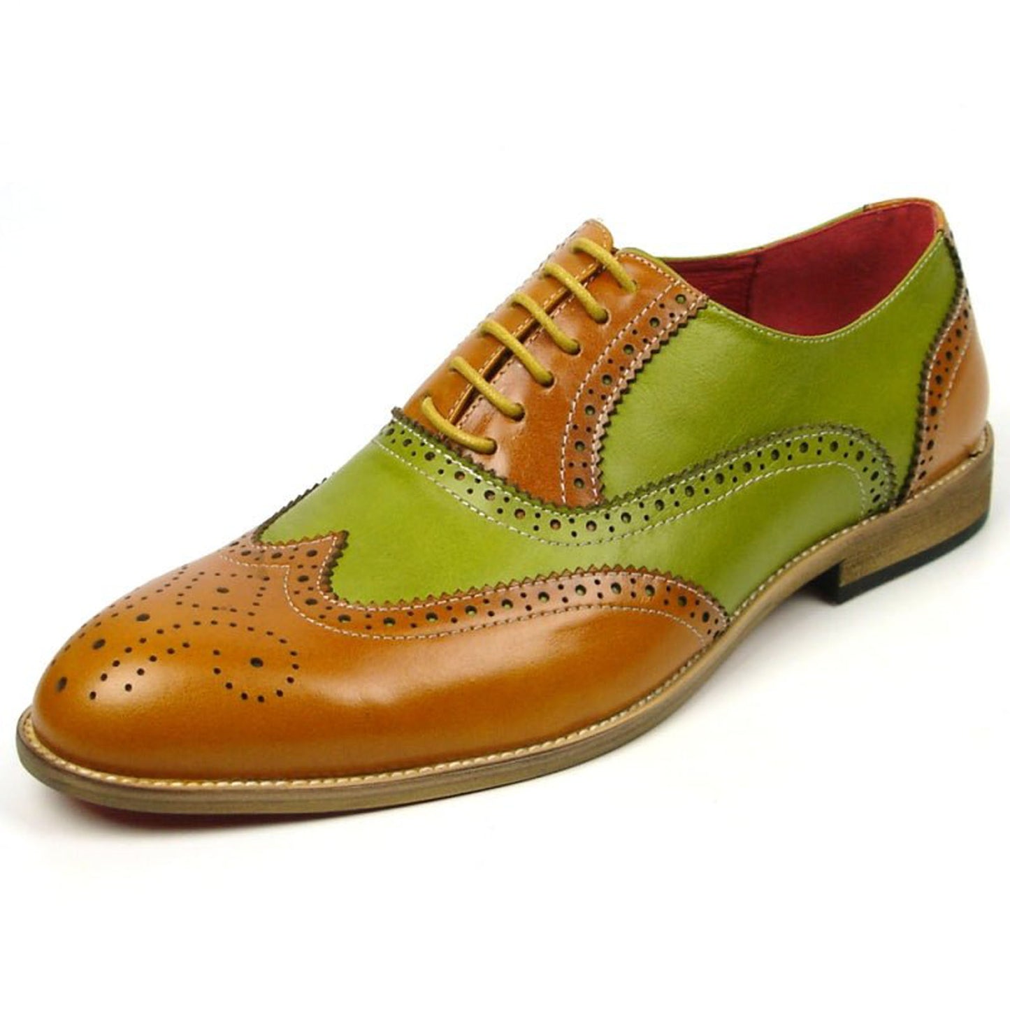 Handmade Green & Brown Color Genuine Leather Wing Tip Brogue's Stylish Oxfords Dress Shoes For Men's