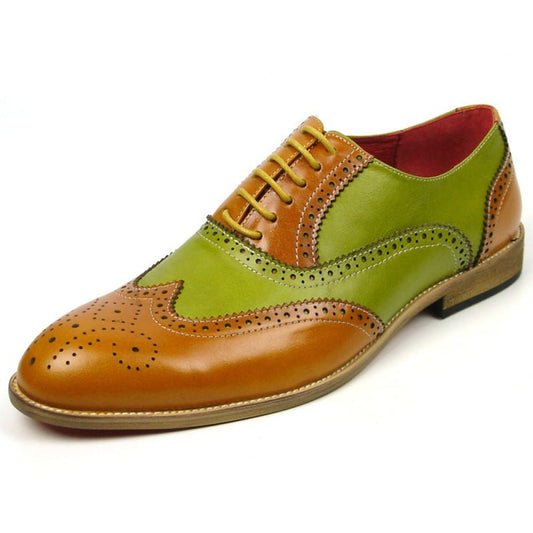 Handmade Green & Brown Color Genuine Leather Wing Tip Brogue's Stylish Oxfords Dress Shoes For Men's