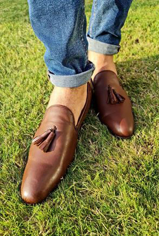 Handmade Brown Color Genuine Leather Stylish Slip-On Tasseled Loafers Pumps Shoes For Men's