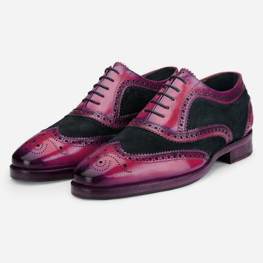 Handmade Black & Purple Color Genuine Leather & Suede Wing Tip Brogue's Stylish Oxfords Dress Shoes For Men's