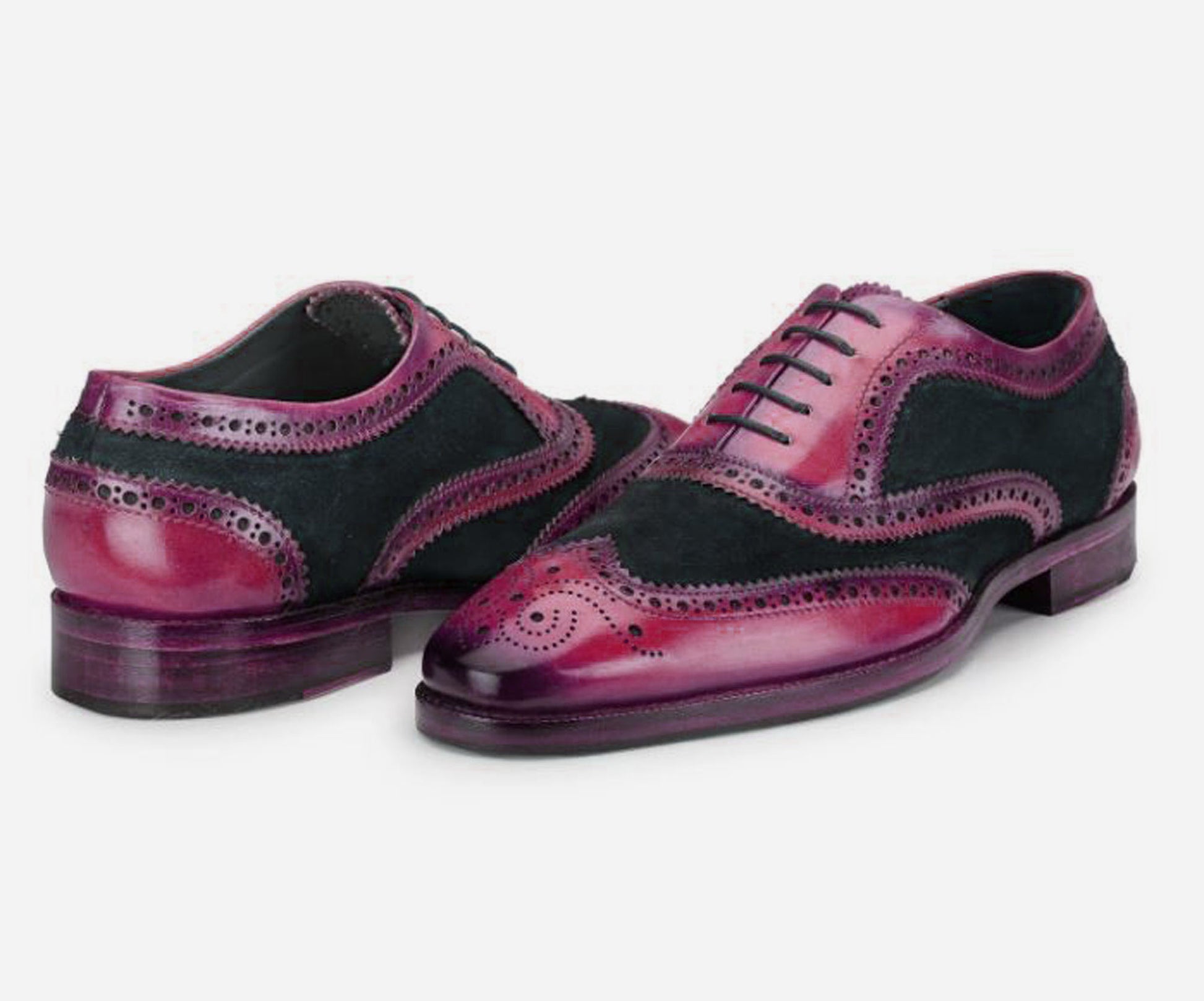 Handmade Black & Purple Color Genuine Leather & Suede Wing Tip Brogue's Stylish Oxfords Dress Shoes For Men's
