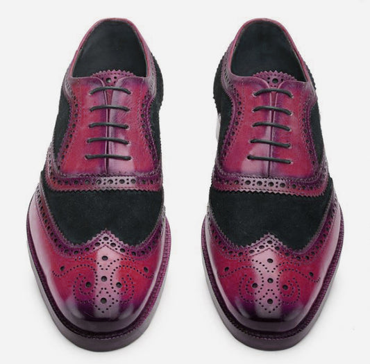 Handmade Black & Purple Color Genuine Leather & Suede Wing Tip Brogue's Stylish Oxfords Dress Shoes For Men's