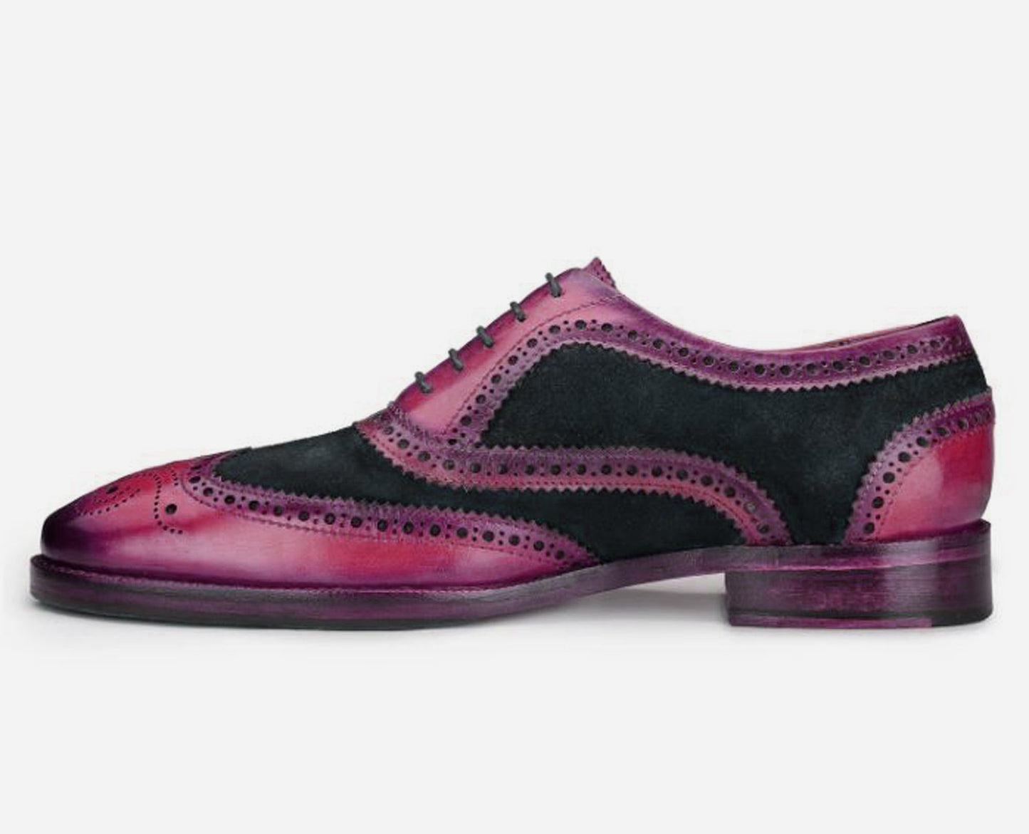 Handmade Black & Purple Color Genuine Leather & Suede Wing Tip Brogue's Stylish Oxfords Dress Shoes For Men's
