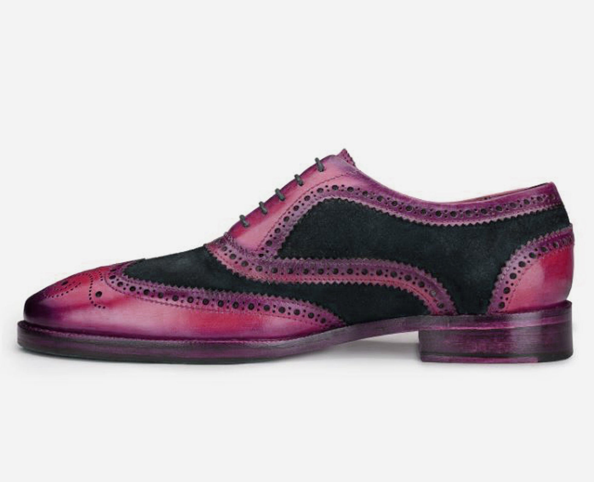 Handmade Black & Purple Color Genuine Leather & Suede Wing Tip Brogue's Stylish Oxfords Dress Shoes For Men's