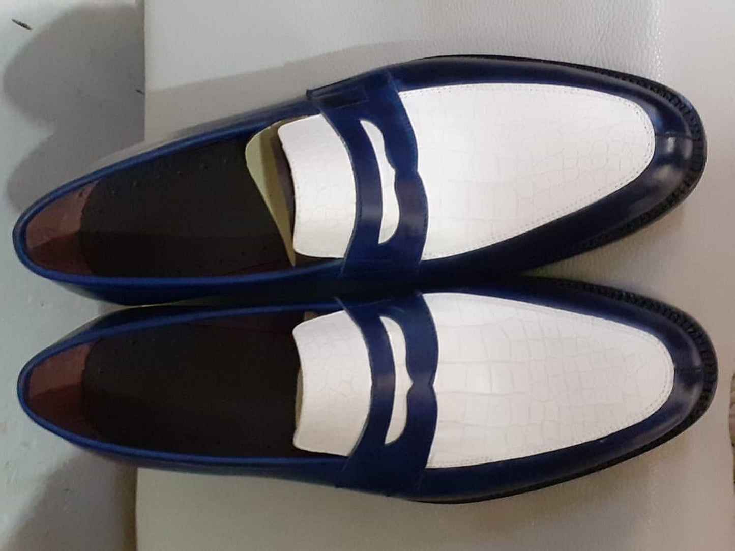 Handmade White & Blue Color Genuine Leather Stylish Loafers Apron Toe  Shoes For Men's