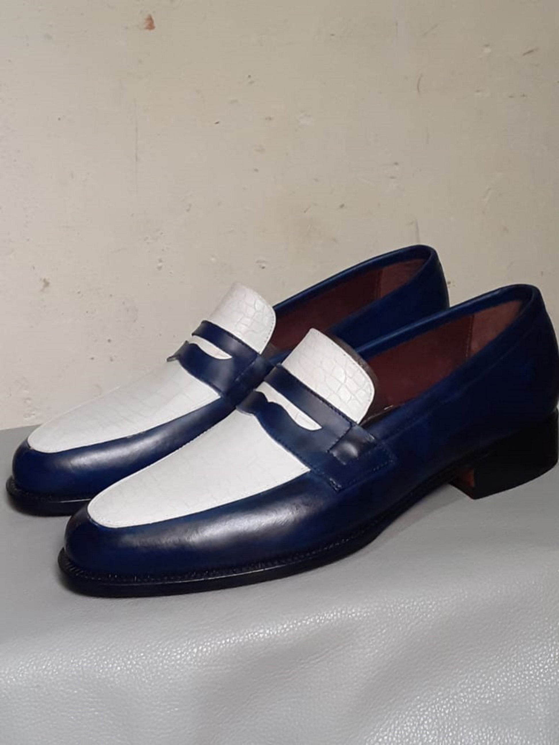 Handmade White & Blue Color Genuine Leather Stylish Loafers Apron Toe  Shoes For Men's