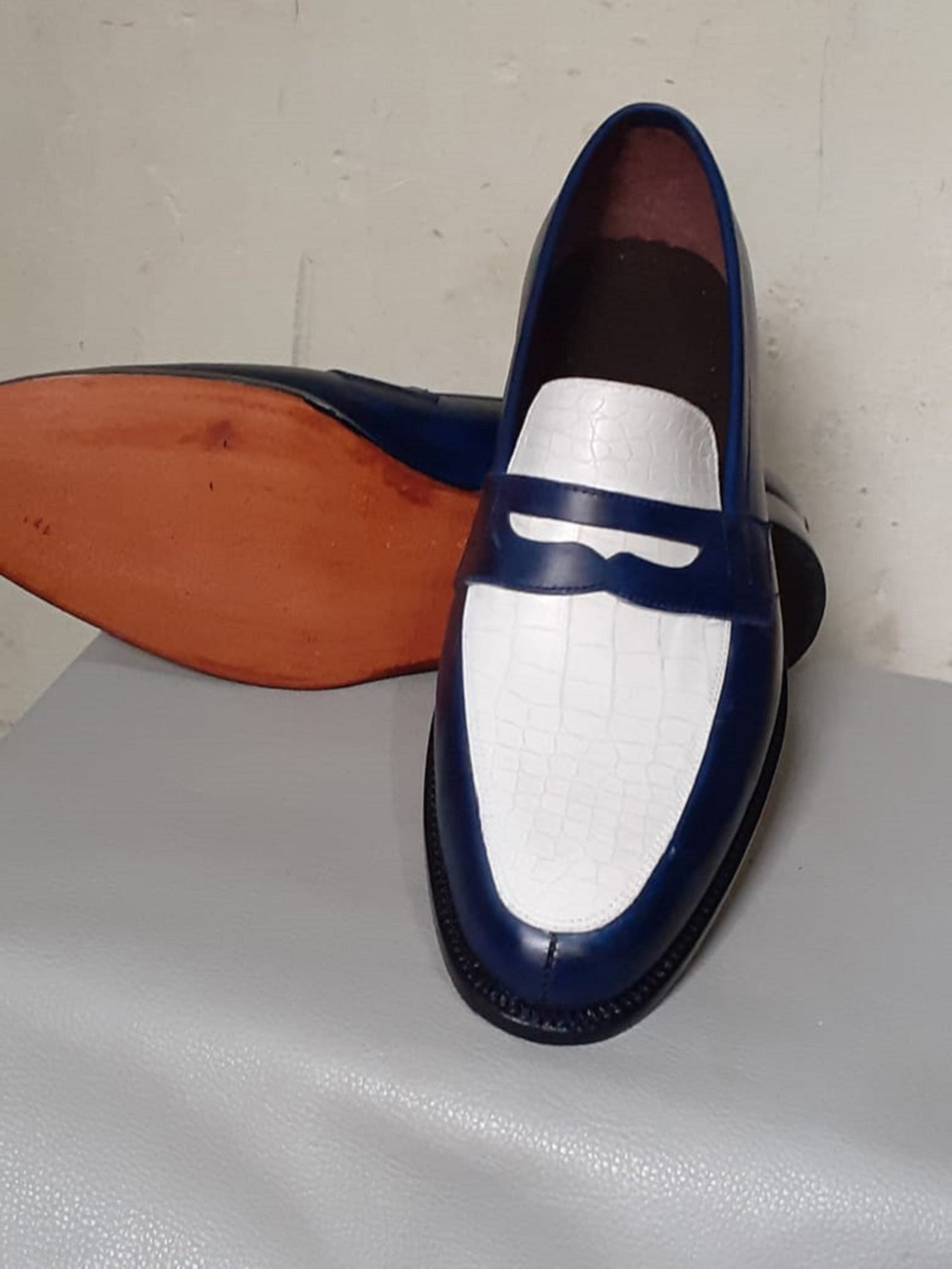 Handmade White & Blue Color Genuine Leather Stylish Loafers Apron Toe  Shoes For Men's