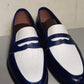 Handmade White & Blue Color Genuine Leather Stylish Loafers Apron Toe  Shoes For Men's
