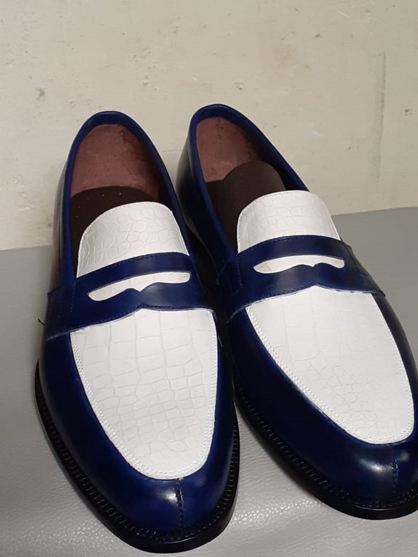 Handmade White & Blue Color Genuine Leather Stylish Loafers Apron Toe  Shoes For Men's