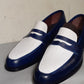 Handmade White & Blue Color Genuine Leather Stylish Loafers Apron Toe  Shoes For Men's