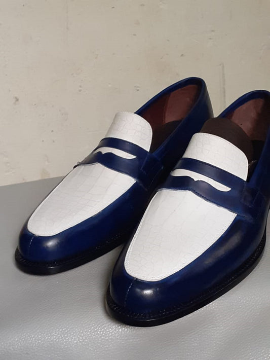 Handmade White & Blue Color Genuine Leather Stylish Loafers Apron Toe  Shoes For Men's