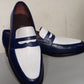 Handmade White & Blue Color Genuine Leather Stylish Loafers Apron Toe  Shoes For Men's