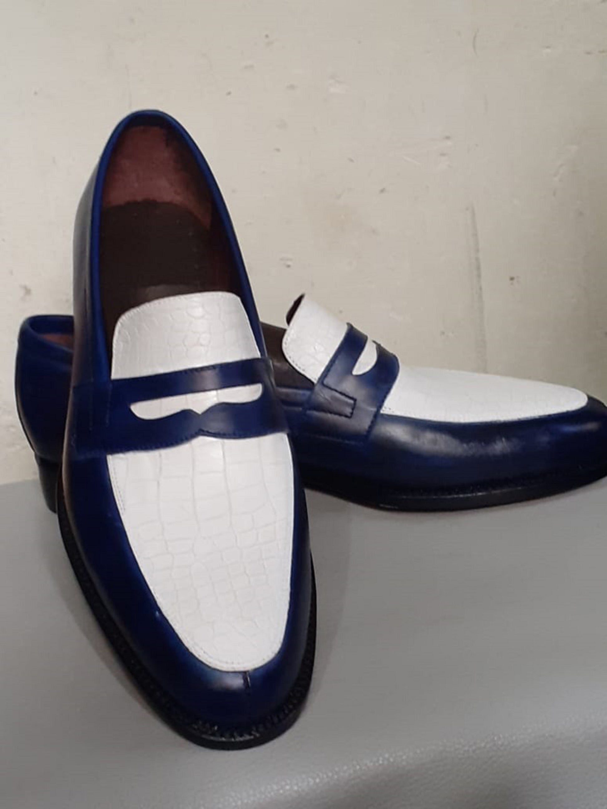 Handmade White & Blue Color Genuine Leather Stylish Loafers Apron Toe  Shoes For Men's