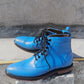 Handmade Blue Color Genuine Leather High Ankle Stylish Wing Tip Brogue's Boots For Men's