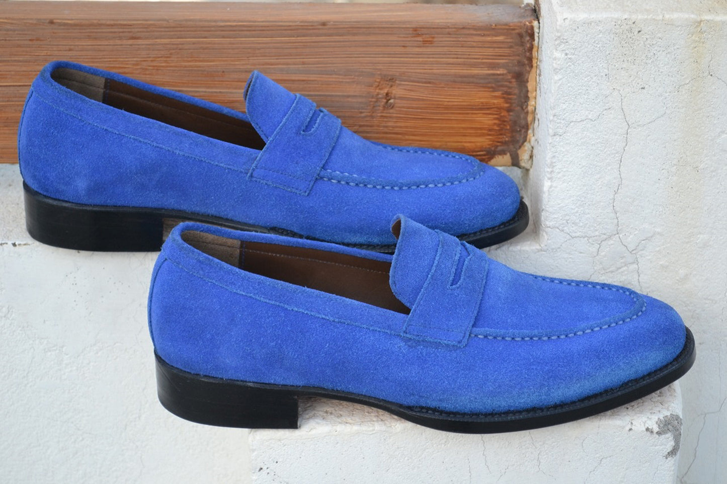 Handmade Blue Color Genuine Suede Stylish Apron Toe Loafers Shoes For Men's