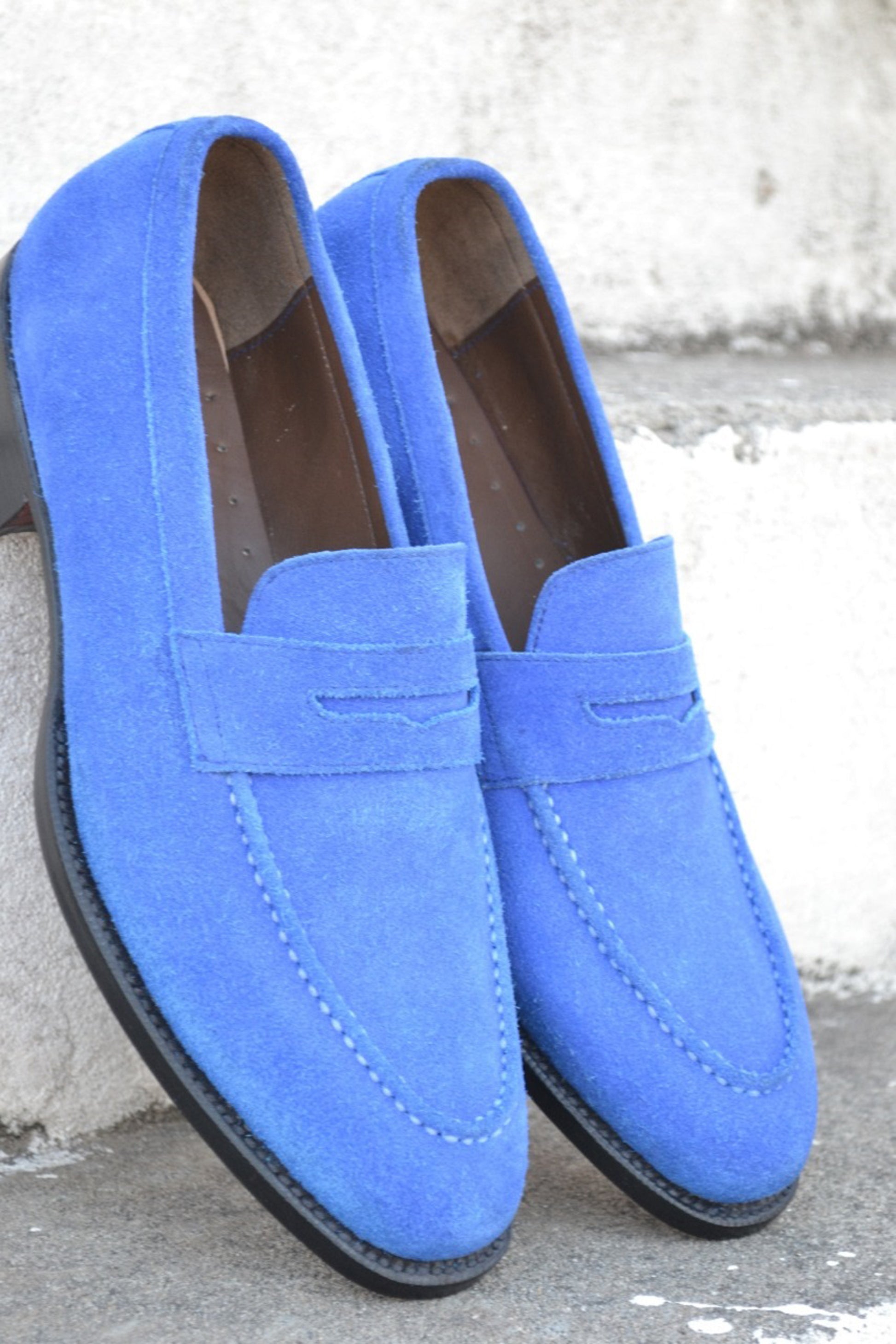 Handmade Blue Color Genuine Suede Stylish Apron Toe Loafers Shoes For Men's