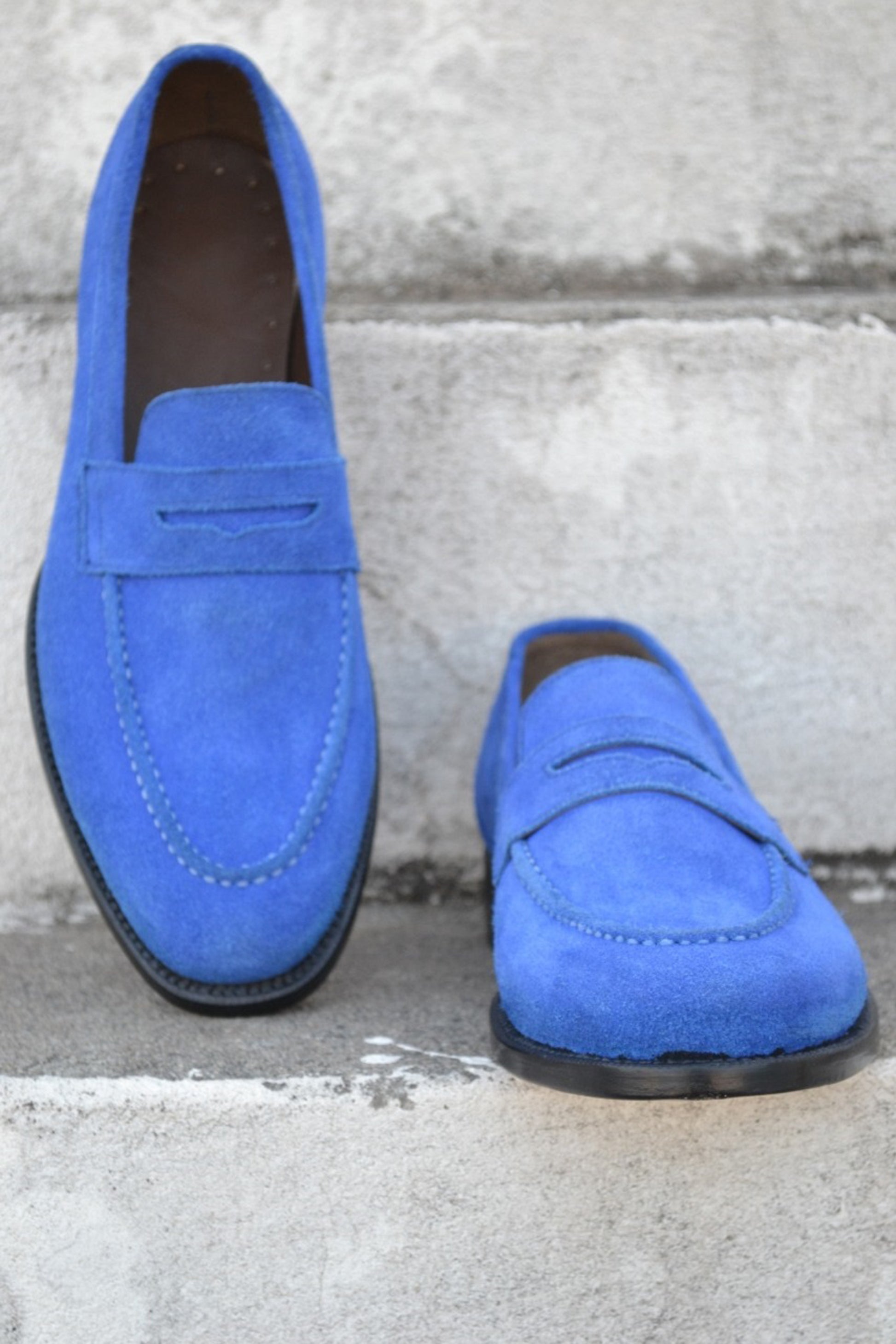 Handmade Blue Color Genuine Suede Stylish Apron Toe Loafers Shoes For Men's