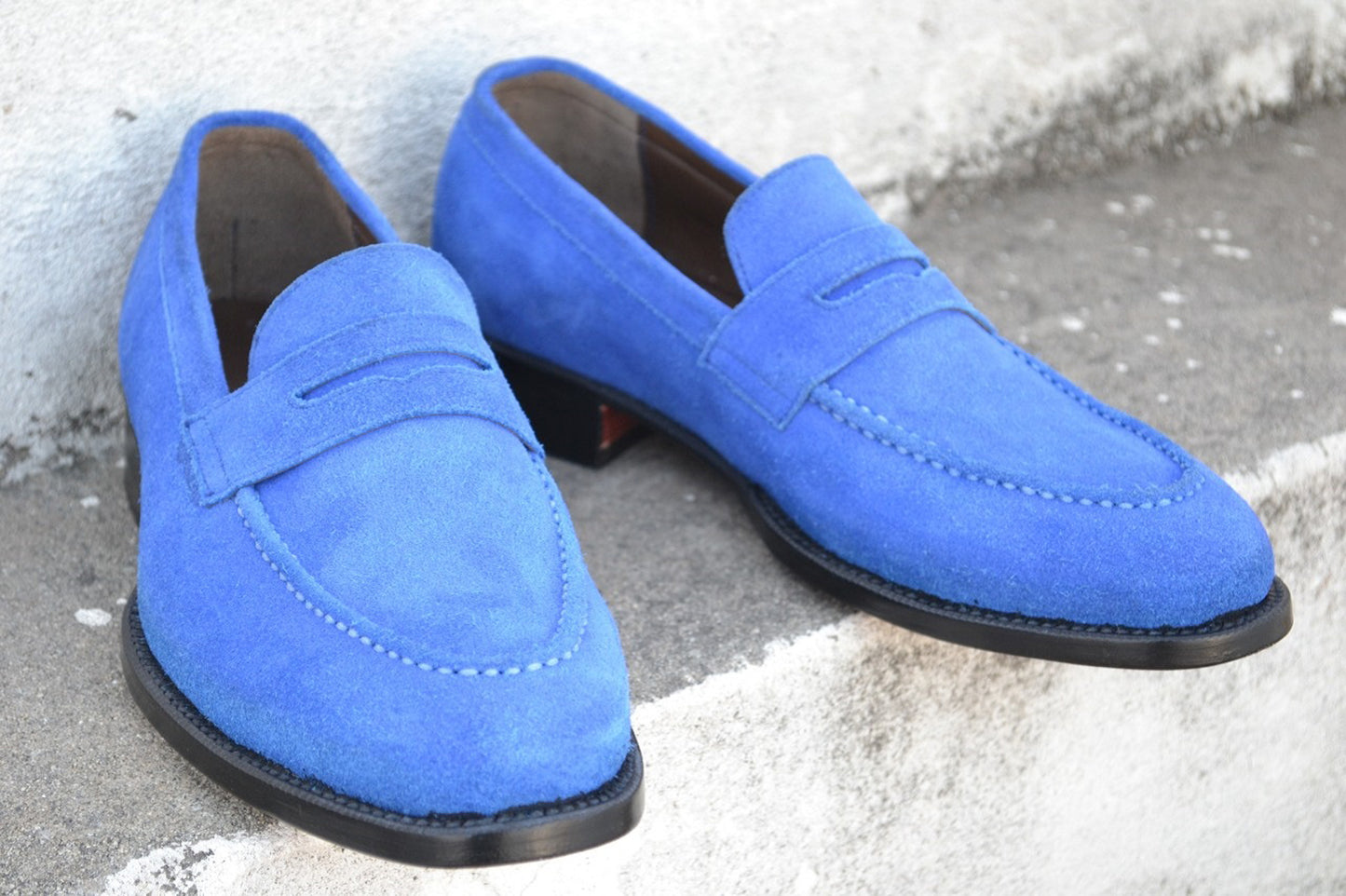 Handmade Blue Color Genuine Suede Stylish Apron Toe Loafers Shoes For Men's