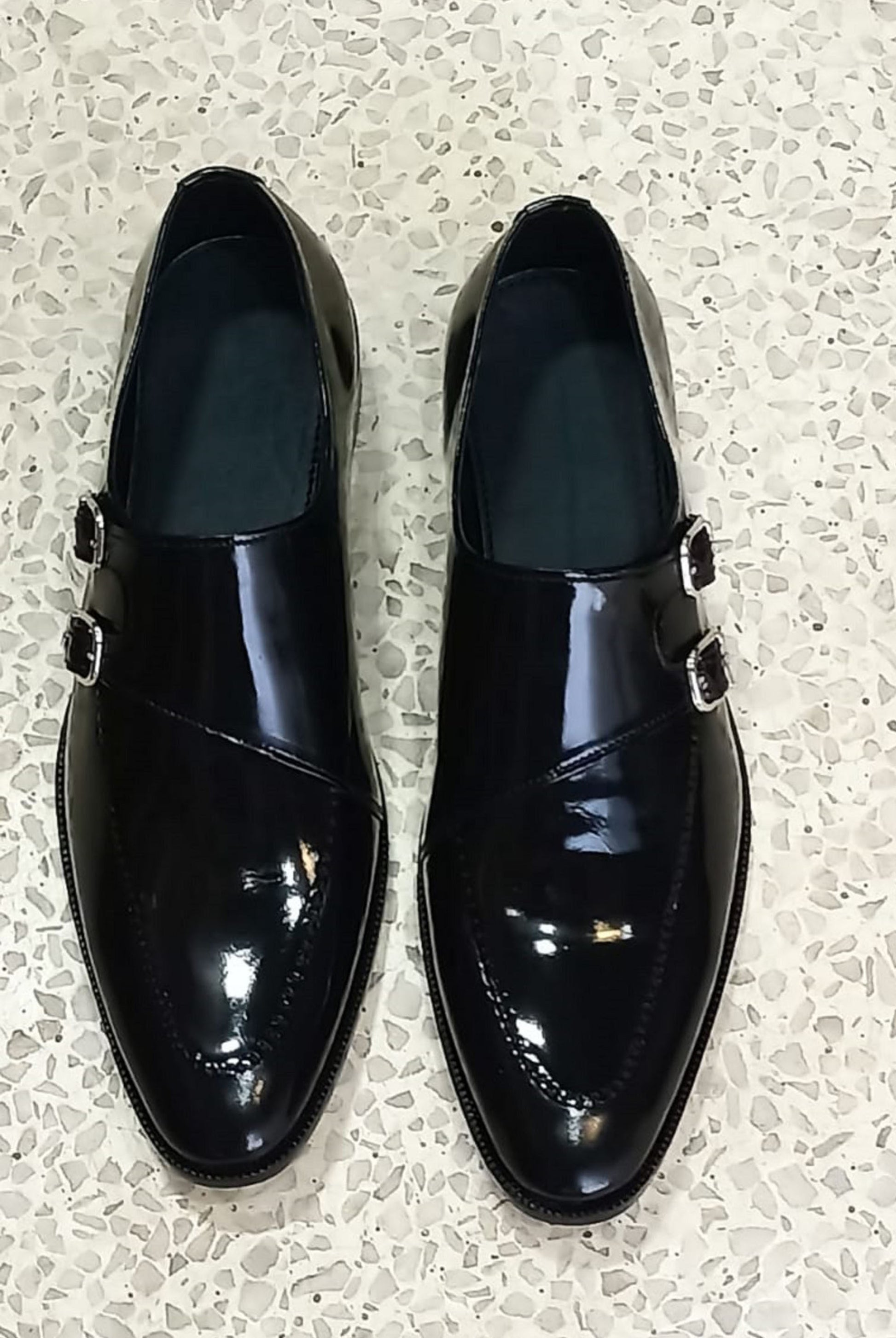Handmade Black Color Genuine Patent Calf Leather Stylish Double Monk Strap Stylish Dress Shoes For Men's