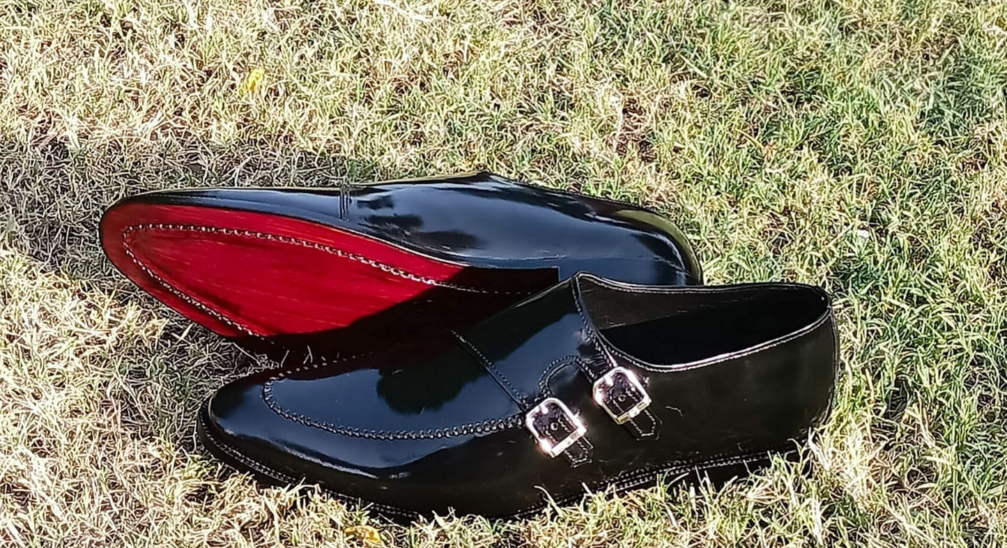 Handmade Black Color Genuine Patent Calf Leather Stylish Double Monk Strap Stylish Dress Shoes For Men's