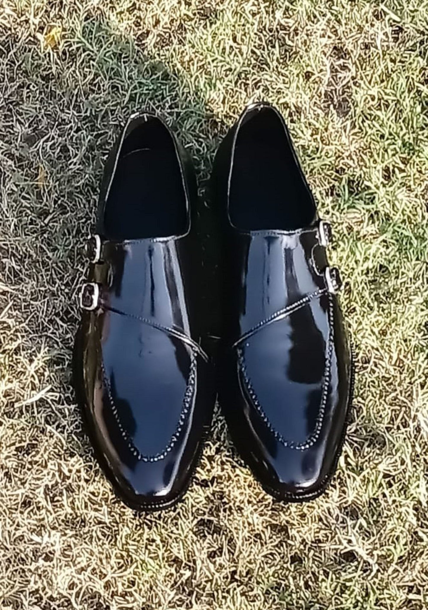 Handmade Black Color Genuine Patent Calf Leather Stylish Double Monk Strap Stylish Dress Shoes For Men's