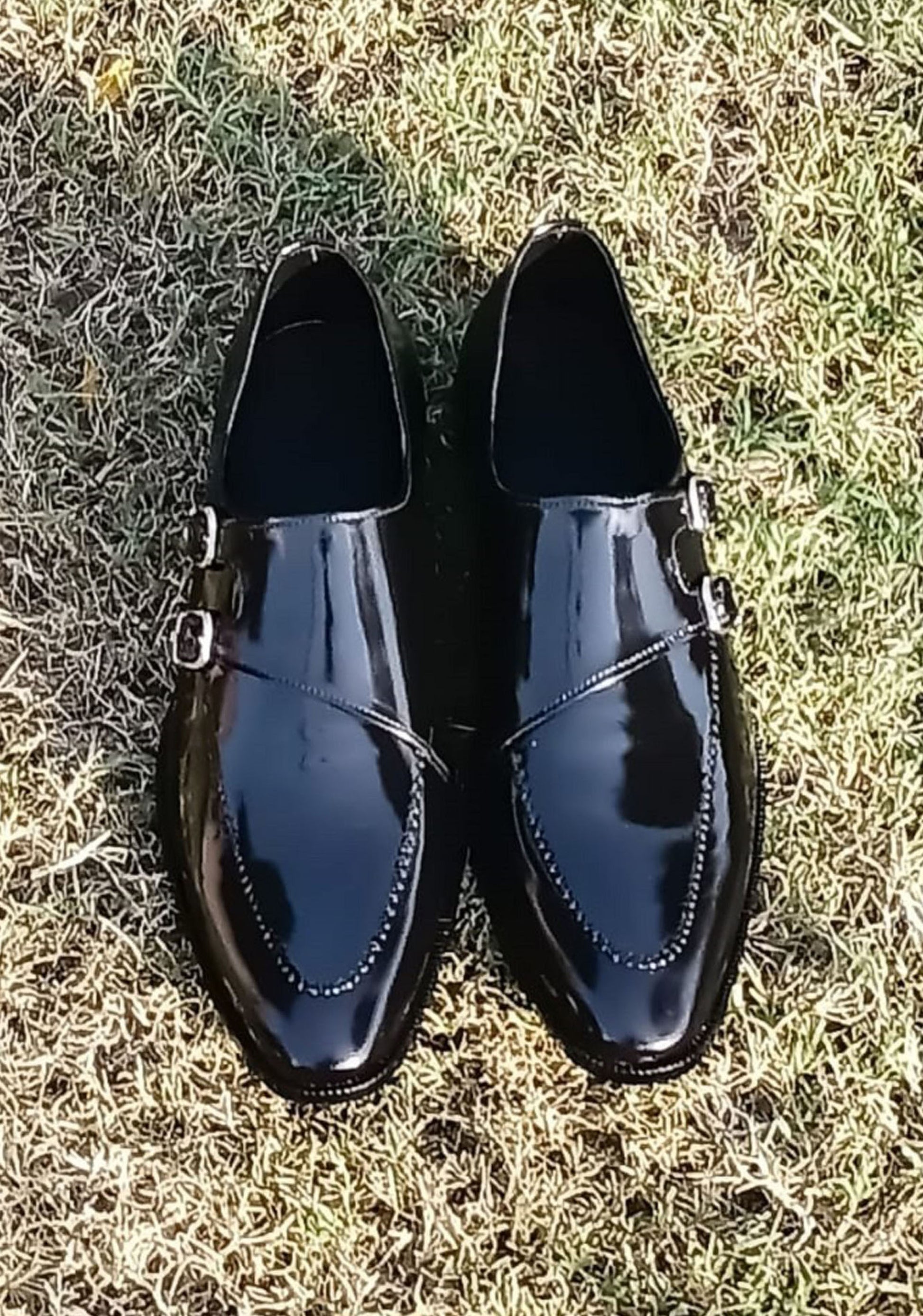 Handmade Black Color Genuine Patent Calf Leather Stylish Double Monk Strap Stylish Dress Shoes For Men's