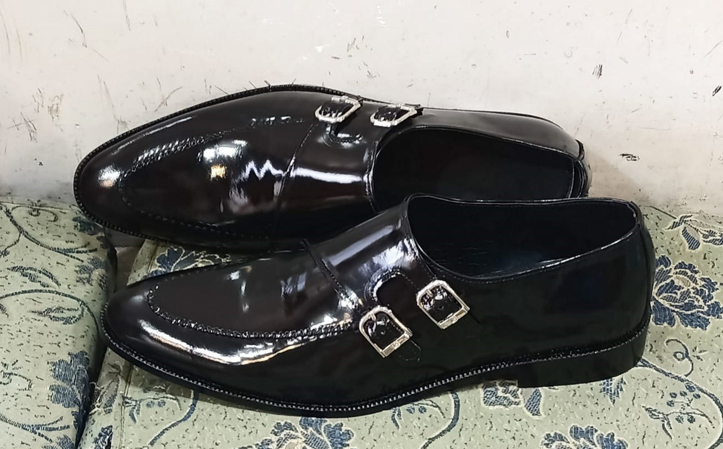 Handmade Black Color Genuine Patent Calf Leather Stylish Double Monk Strap Stylish Dress Shoes For Men's