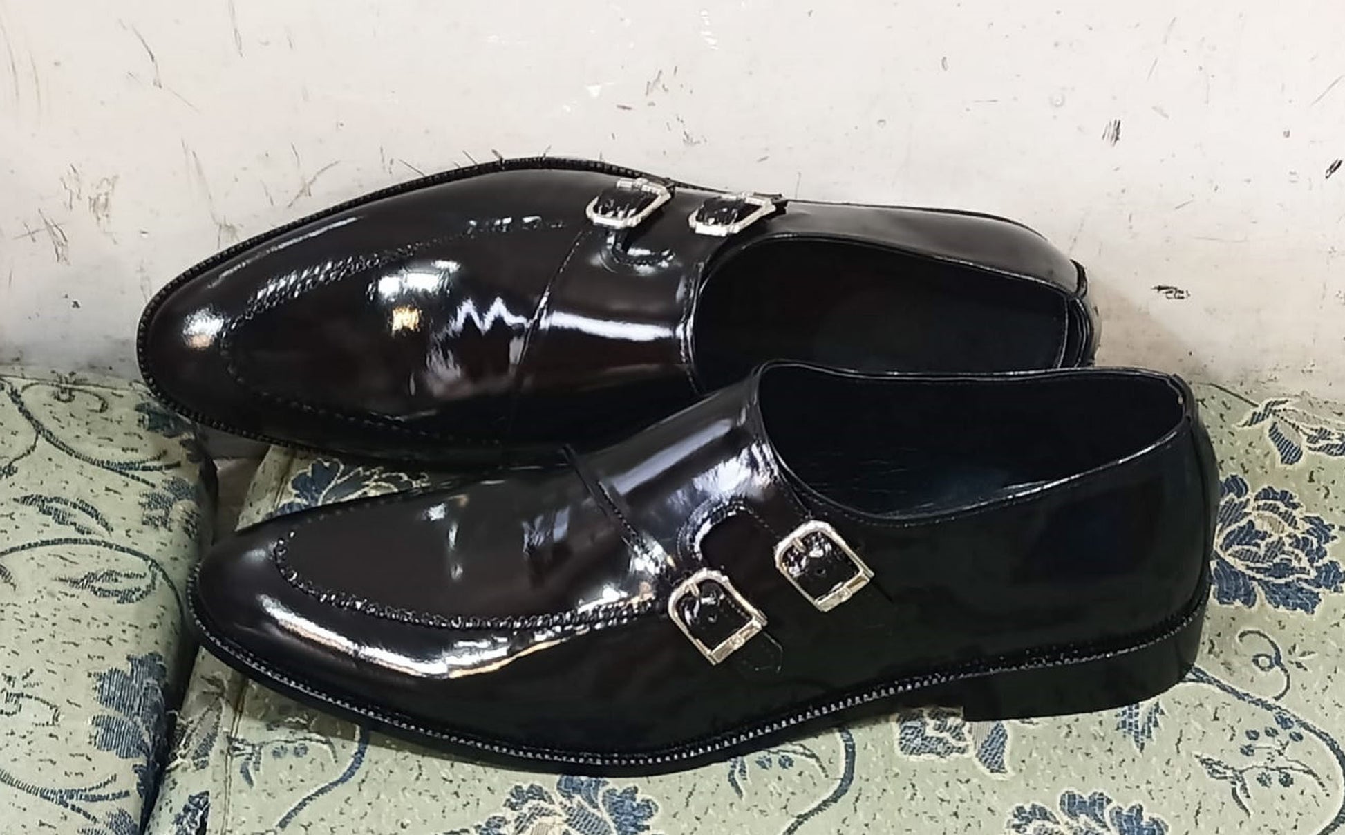 Handmade Black Color Genuine Patent Calf Leather Stylish Double Monk Strap Stylish Dress Shoes For Men's