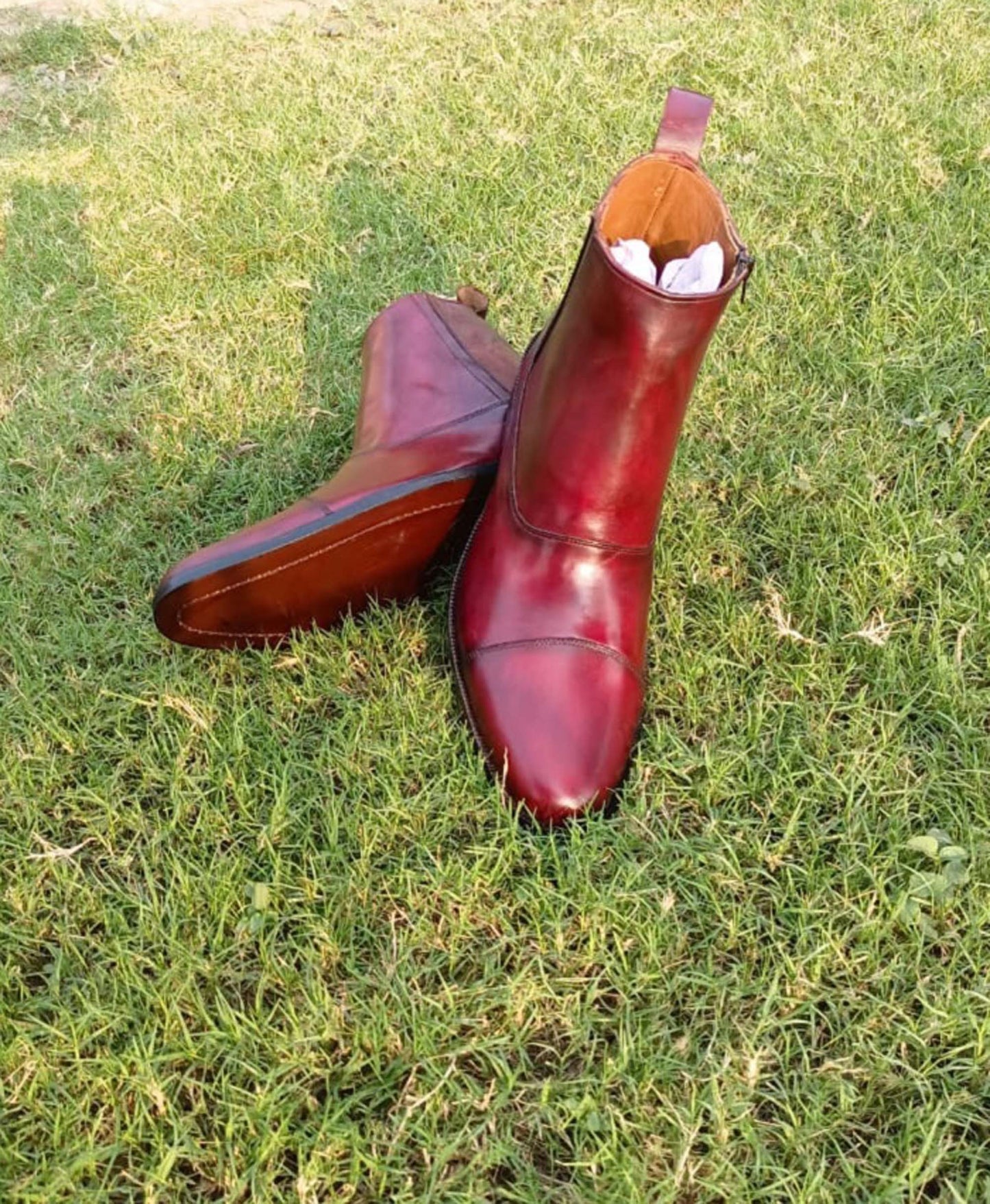 Handmade Burgundy Color Genuine Calf Leather Cap Toe Ankle High Stylish Side Zipper Boots For Men's