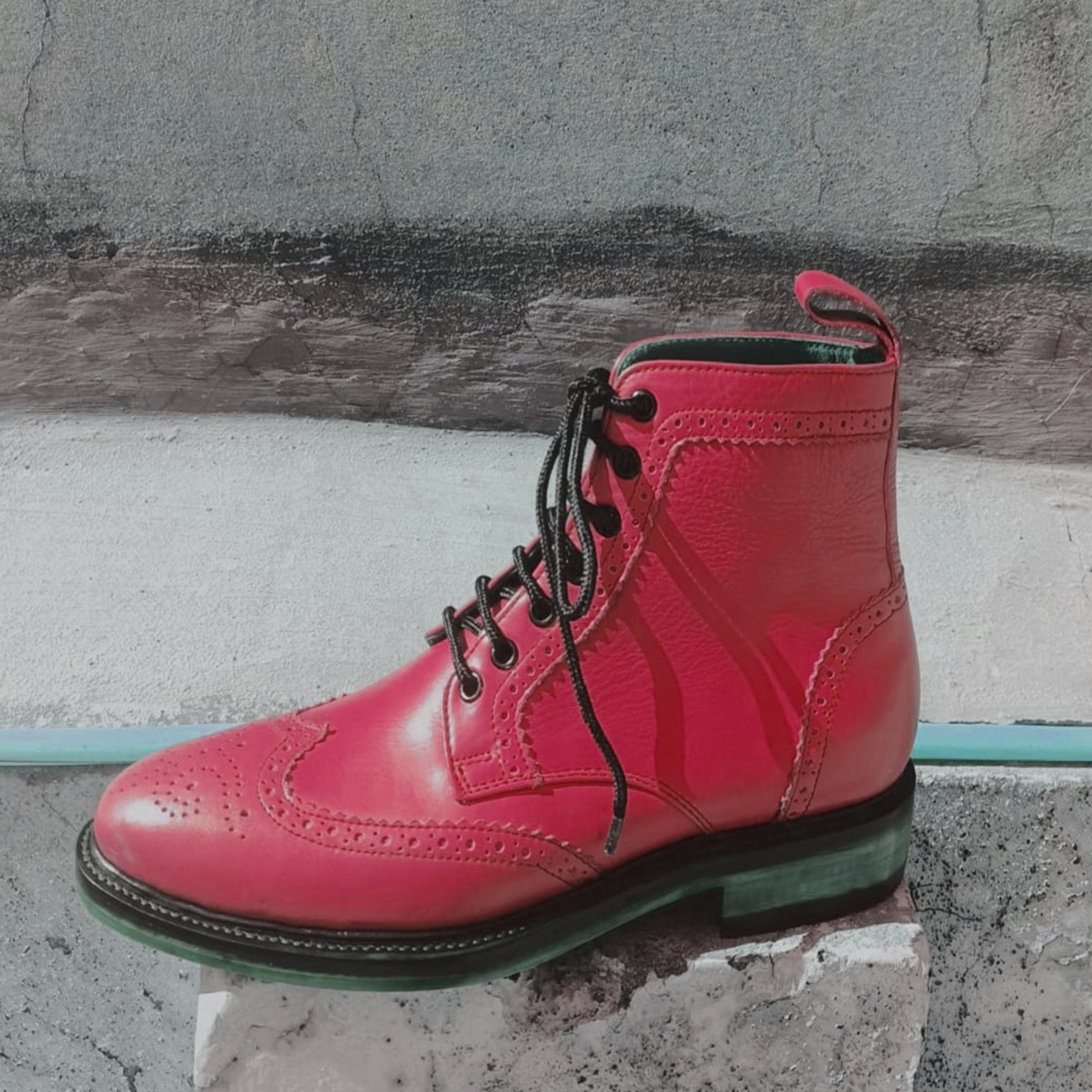 Handmade Red Color Genuine Leather High Ankle Stylish Wing Tip Brogue's Boots For Men's