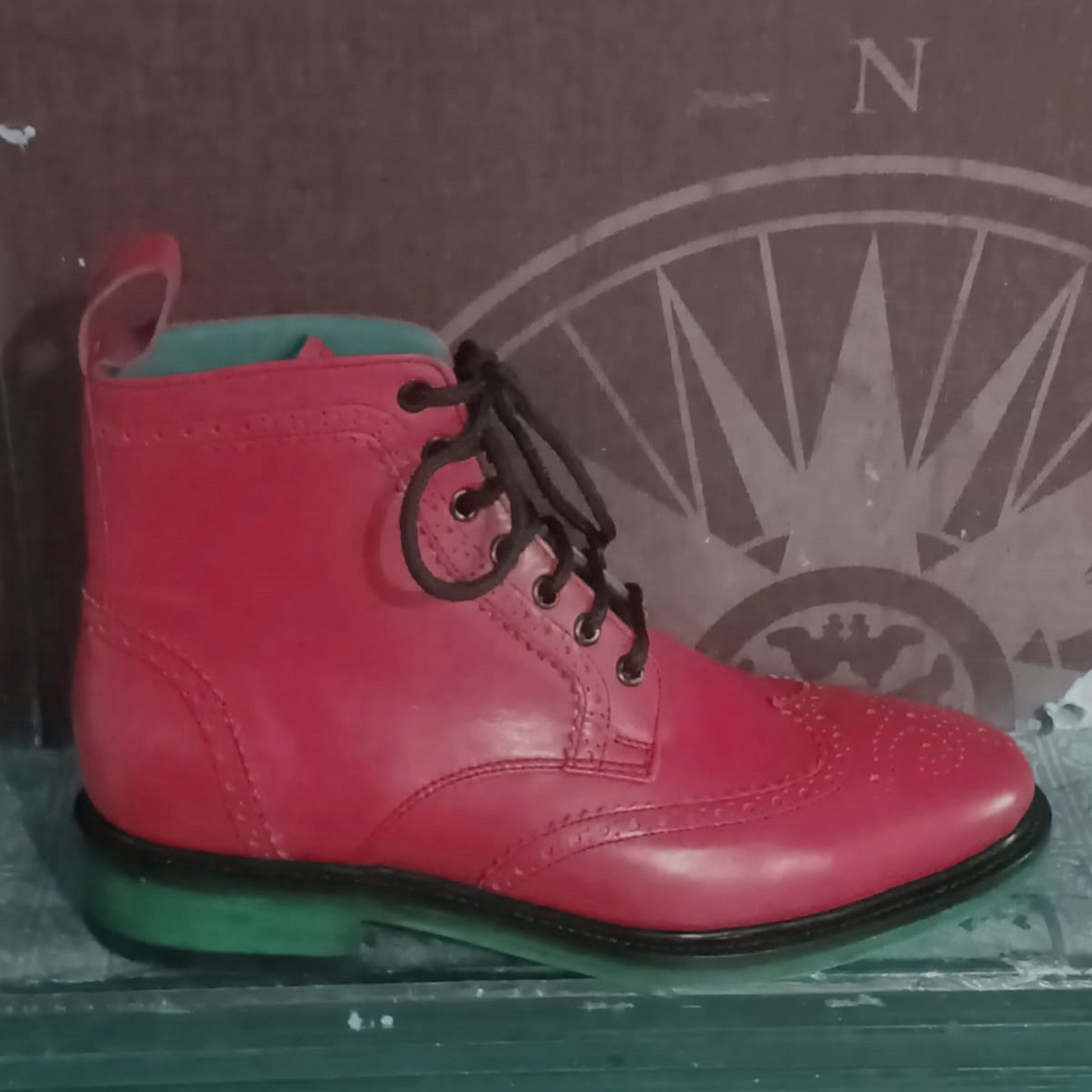 Handmade Red Color Genuine Leather High Ankle Stylish Wing Tip Brogue's Boots For Men's