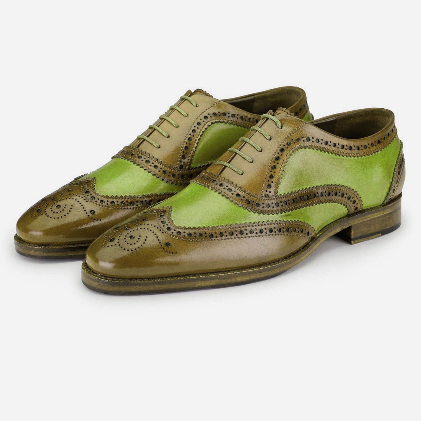 Handmade Brown & Green Color Genuine Leather Wing Tip Brogues Stylish Oxfords Dress Shoes For Men's