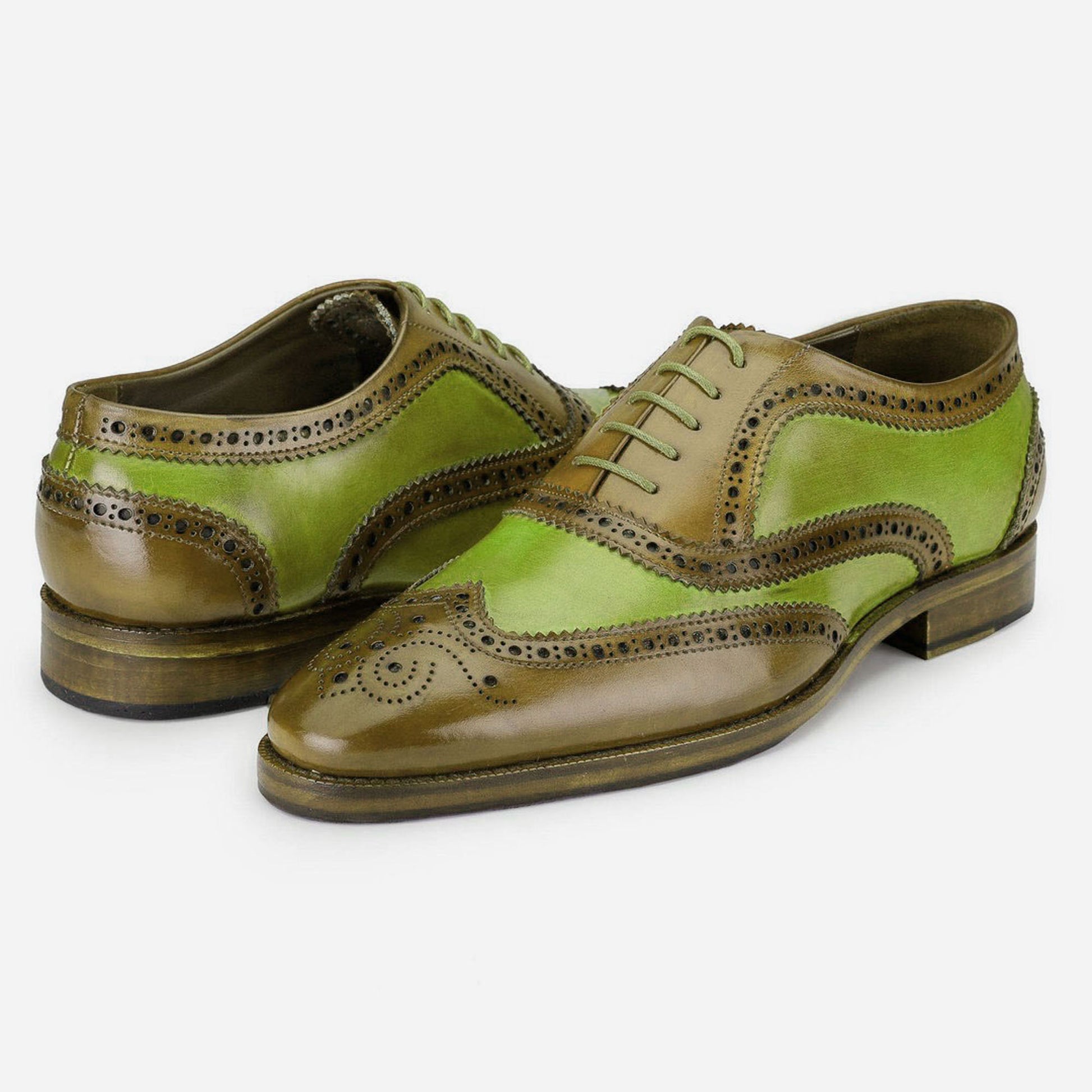 Handmade Brown & Green Color Genuine Leather Wing Tip Brogues Stylish Oxfords Dress Shoes For Men's