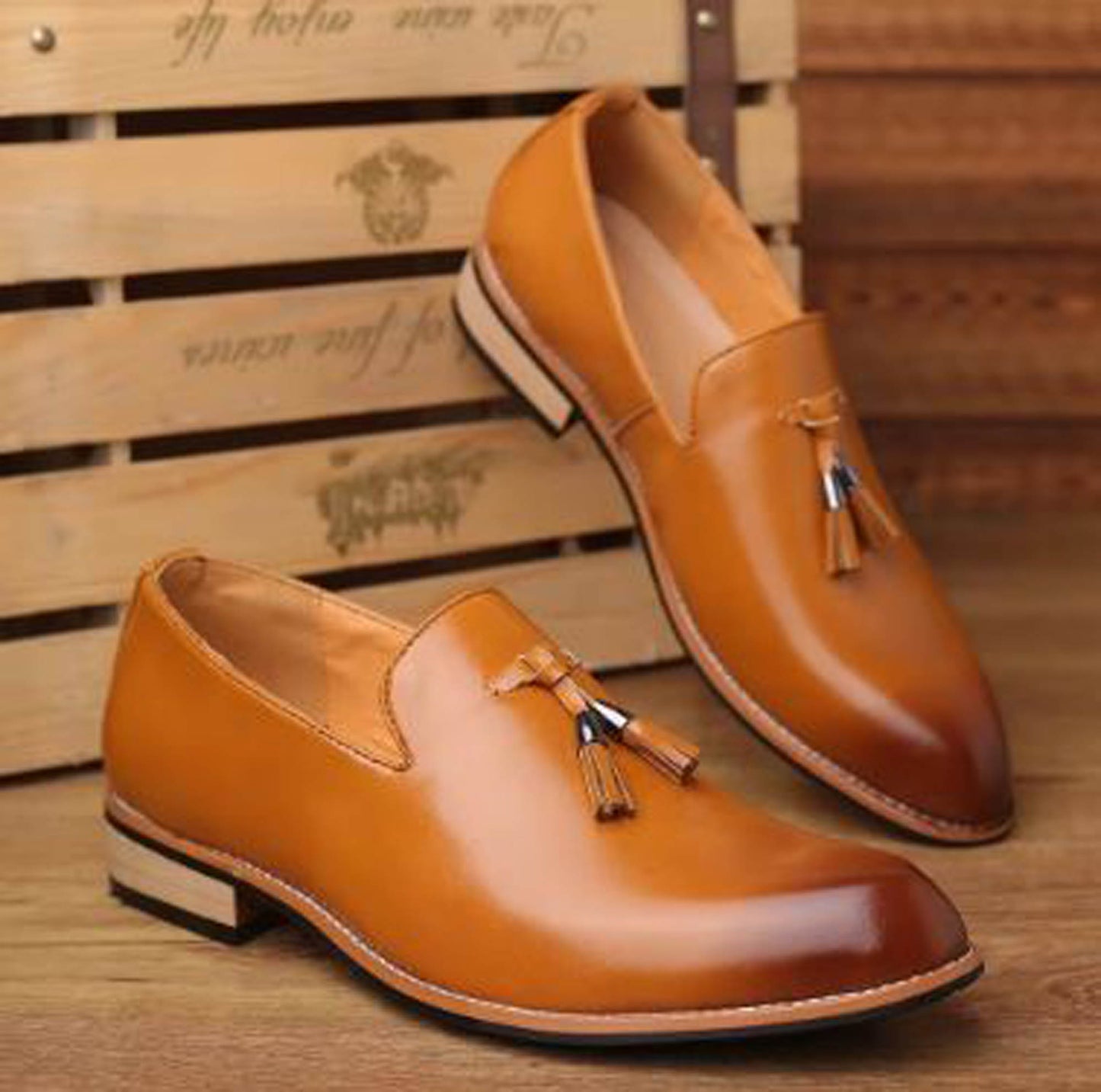 Handmade Tan Color Genuine Leather Stylish Slip-On Tasseled Loafers Pumps Shoes For Men's