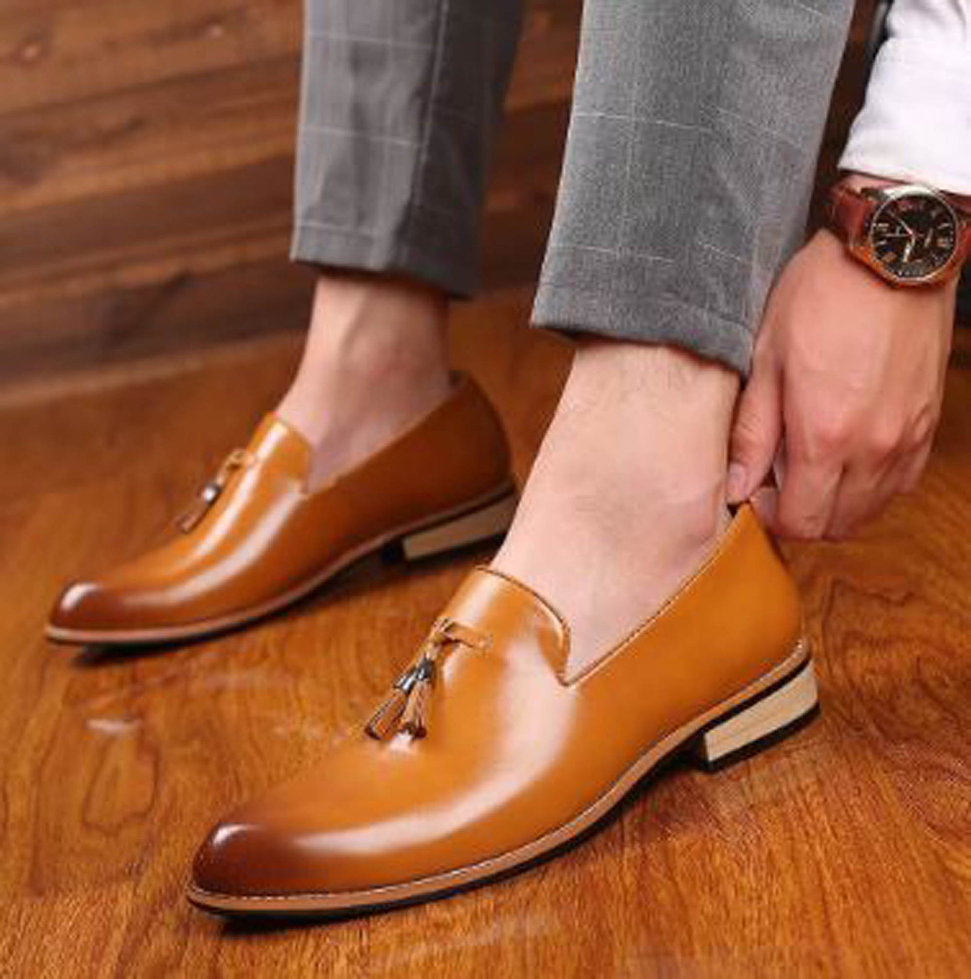 Handmade Tan Color Genuine Leather Stylish Slip-On Tasseled Loafers Pumps Shoes For Men's