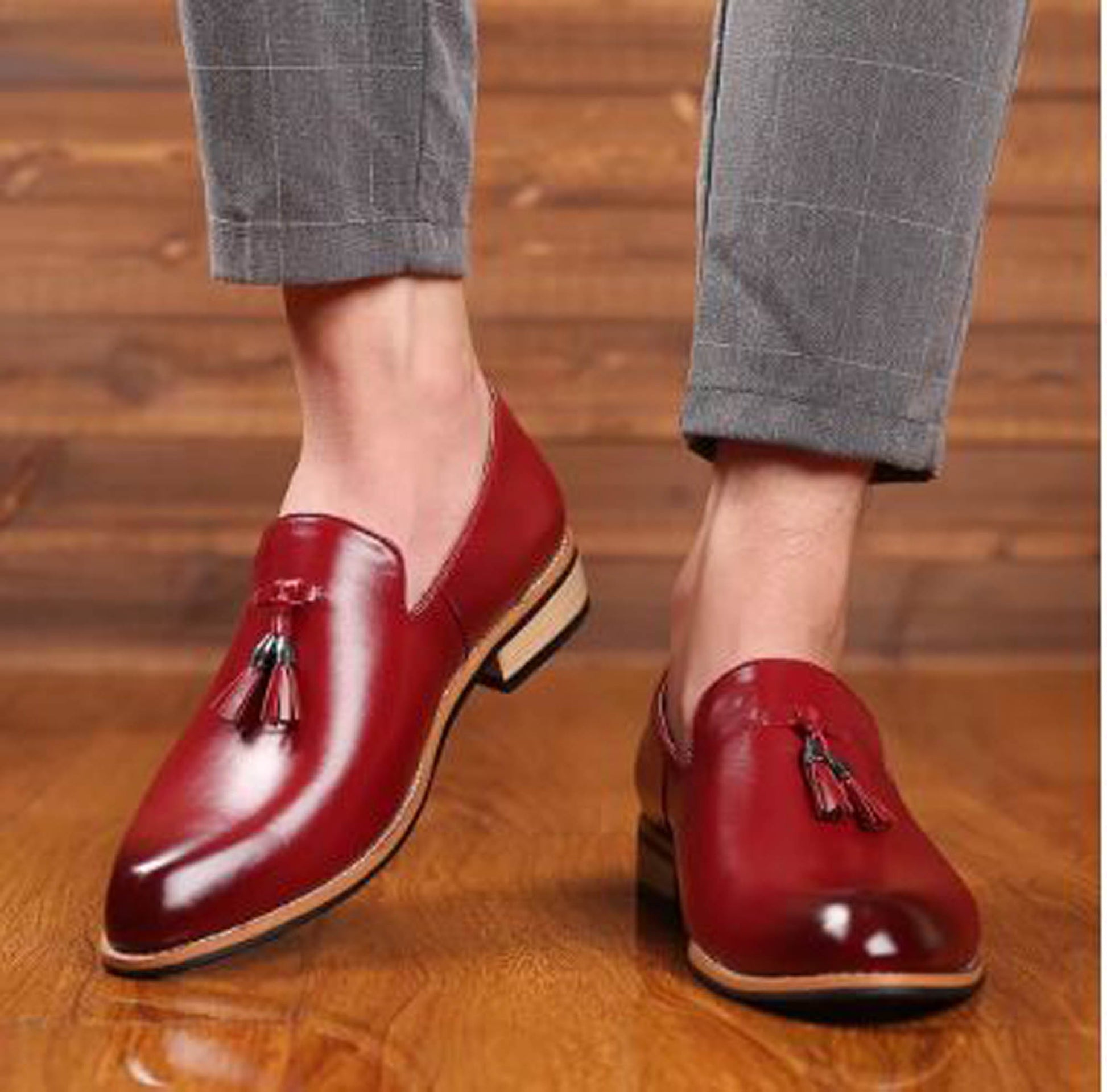 Handmade Burgundy Color Genuine Leather Stylish Slip-On Tasseled Loafers Pumps Shoes For Men's