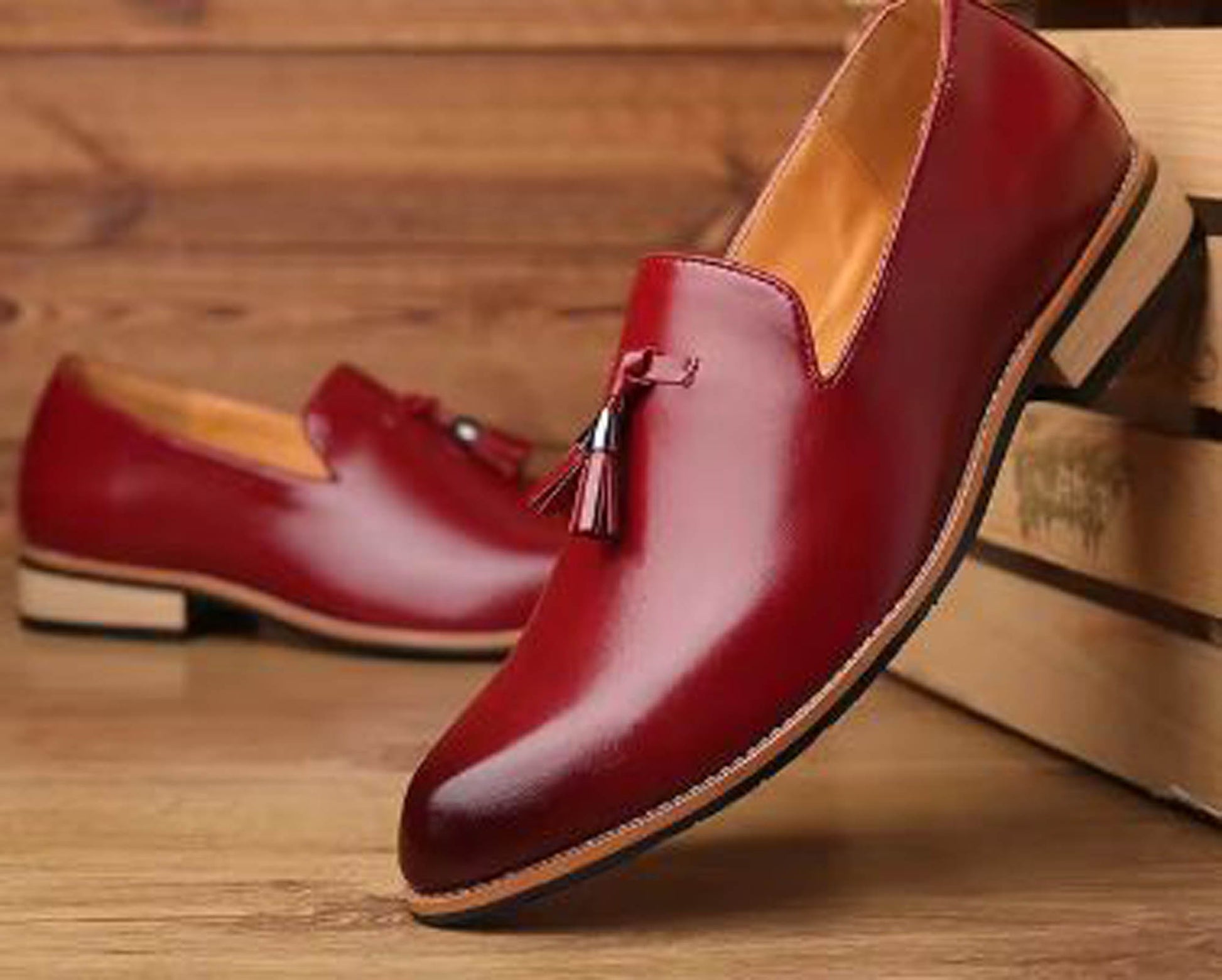 Handmade Burgundy Color Genuine Leather Stylish Slip-On Tasseled Loafers Pumps Shoes For Men's