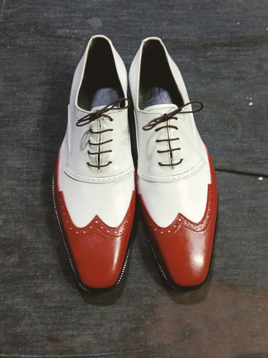 Handmade White & Burgundy Color Original Leather Stylish Wing Tip Oxfords Lace Up  Shoes For Men's