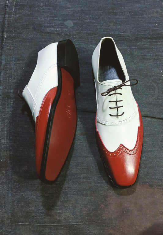Handmade White & Burgundy Color Original Leather Stylish Wing Tip Oxfords Lace Up Shoes For Men's