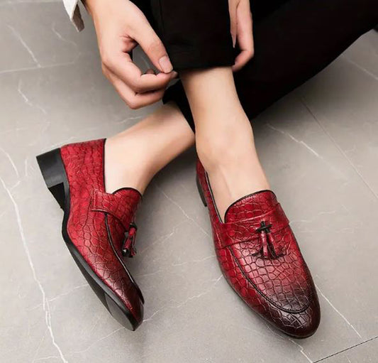 Handmade Burgundy Color Genuine Alligator Textured Leather Stylish Loafers Apron Toe Tassel Shoes For Men's