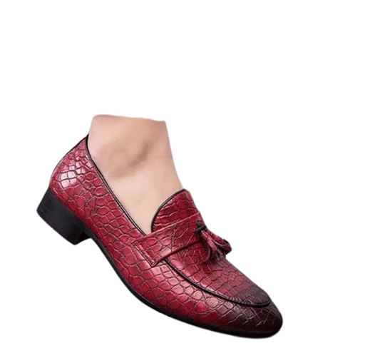 Handmade Burgundy Color Genuine Alligator Textured Leather Stylish Loafers Apron Toe Tassel Shoes For Men's