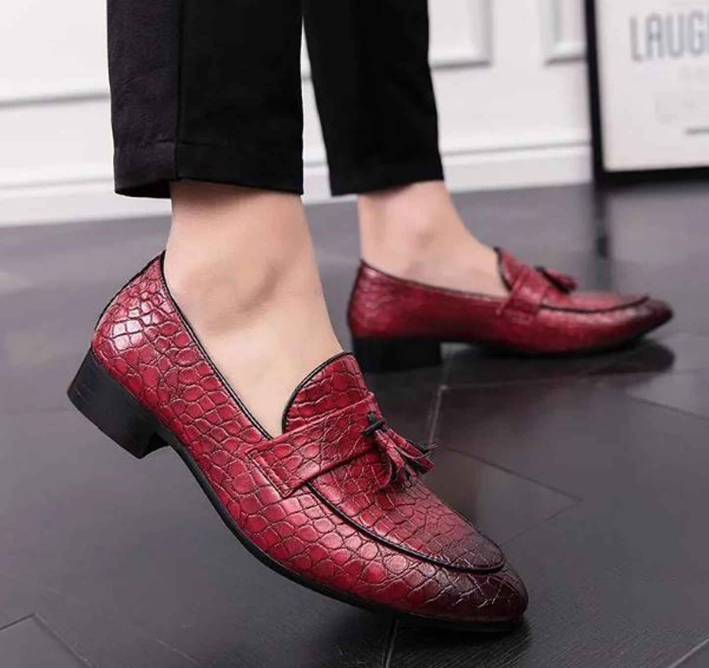 Handmade Burgundy Color Genuine Alligator Textured Leather Stylish Loafers Apron Toe Tassel Shoes For Men's