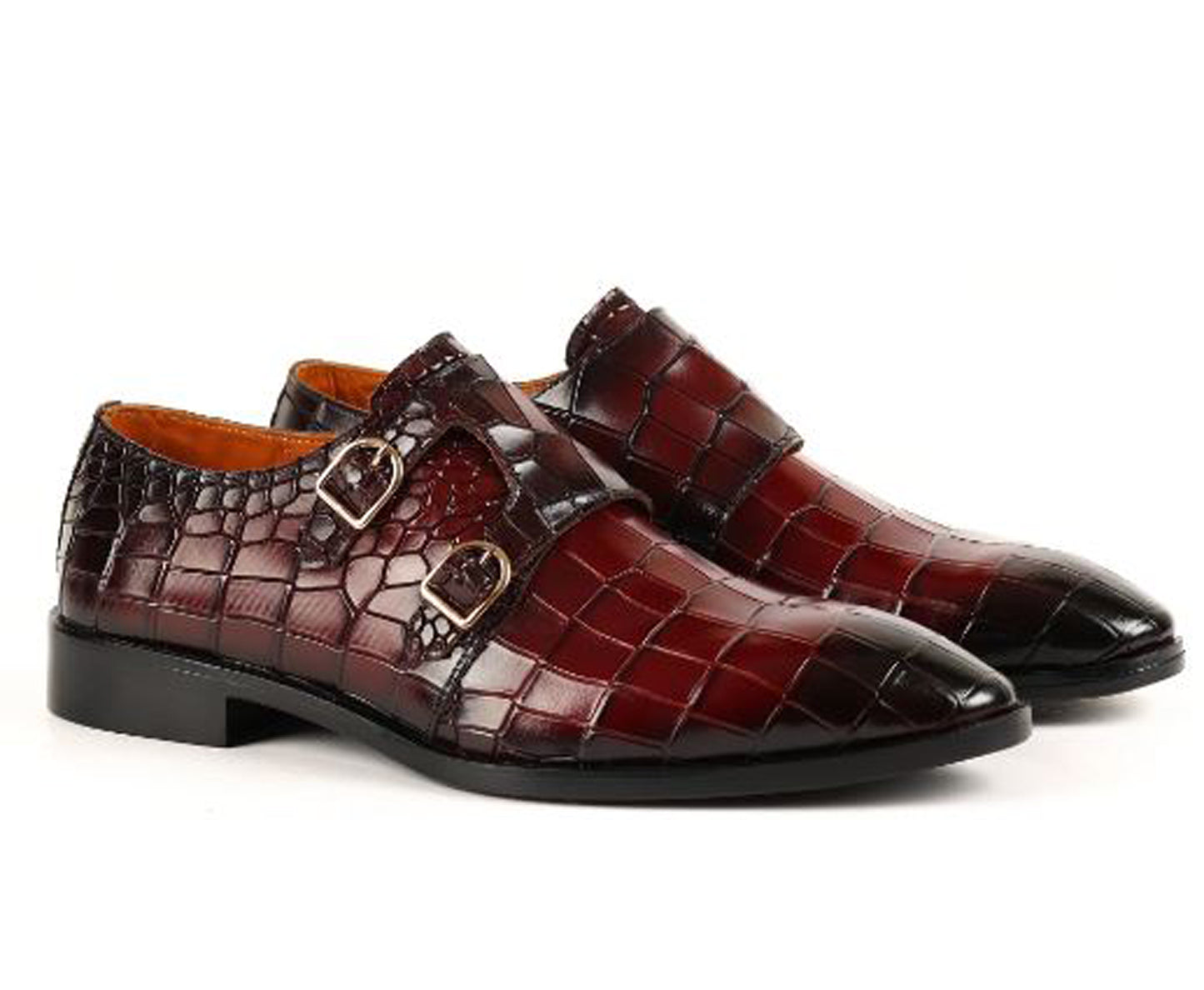 Handmade Maroon  Color Black Shaded Original Alligator Textured Leather Stylish Belgian Monk Strap Shoes For Men's