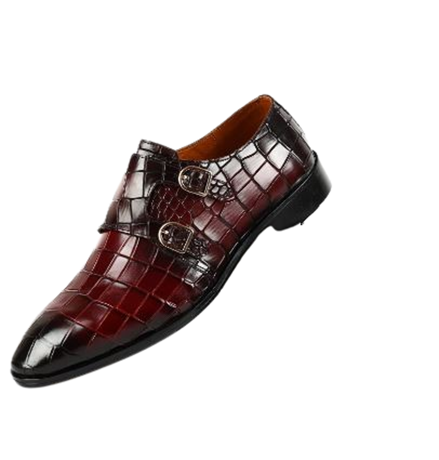 Handmade Maroon  Color Black Shaded Original Alligator Textured Leather Stylish Belgian Monk Strap Shoes For Men's