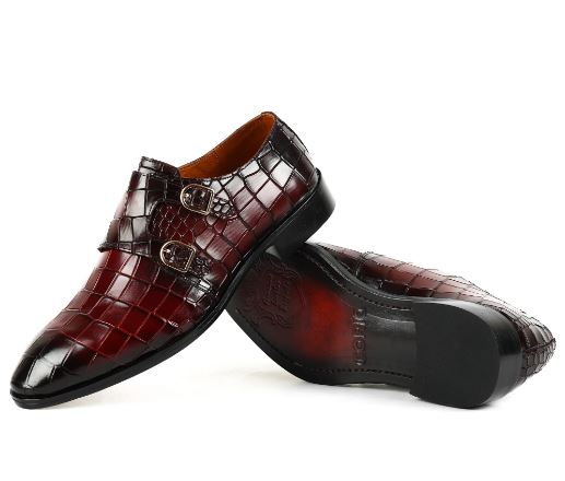 Handmade Maroon  Color Black Shaded Original Alligator Textured Leather Stylish Belgian Monk Strap Shoes For Men's