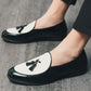 Handmade White & Black Color Original Leather Stylish loafers  Apron Toe Tasseled Shoes For Men's