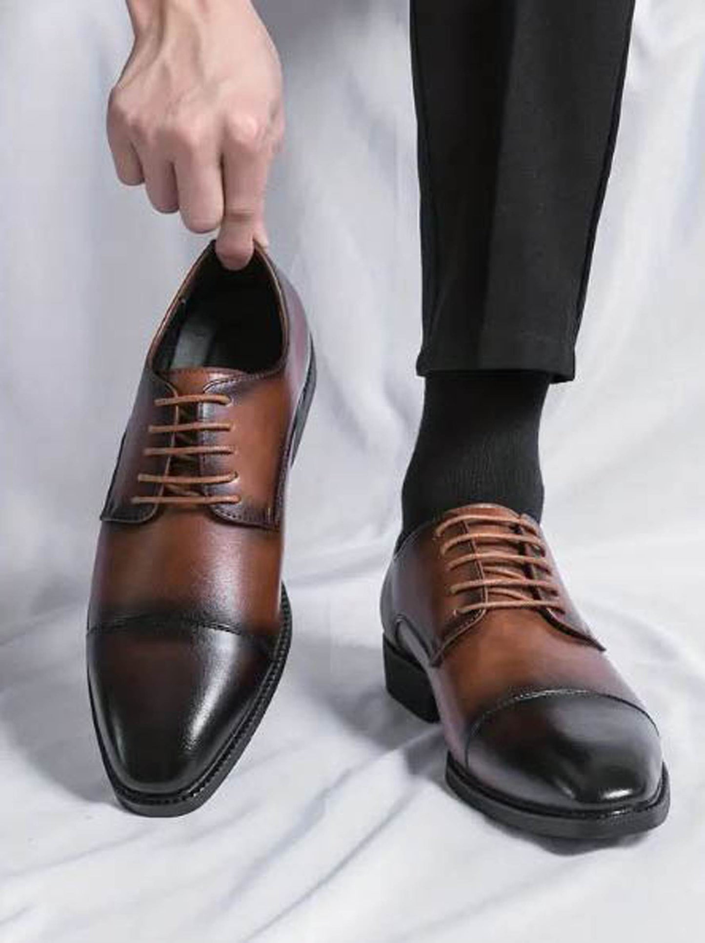 Handmade Brown Color Genuine Leather Cap Toe Black Shaded Stylish Oxfords Dress Shoes For Men's