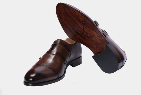 Handmade Chocolate Brown Color Genuine Leather Stylish Cap Toe Strap Shoes For Men's