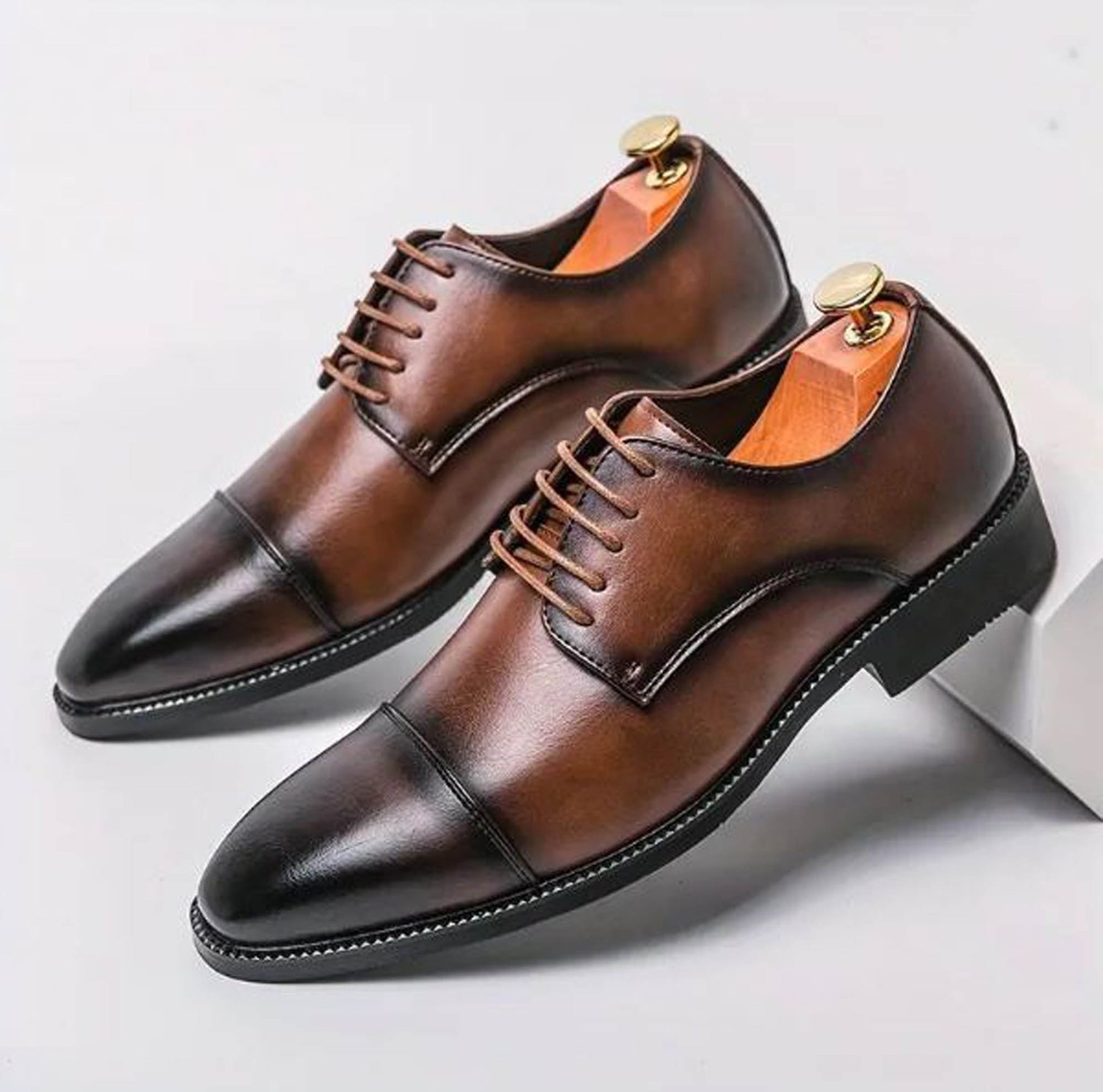 Handmade Brown Color Genuine Leather Cap Toe Black Shaded Stylish Oxfords Dress Shoes For Men's